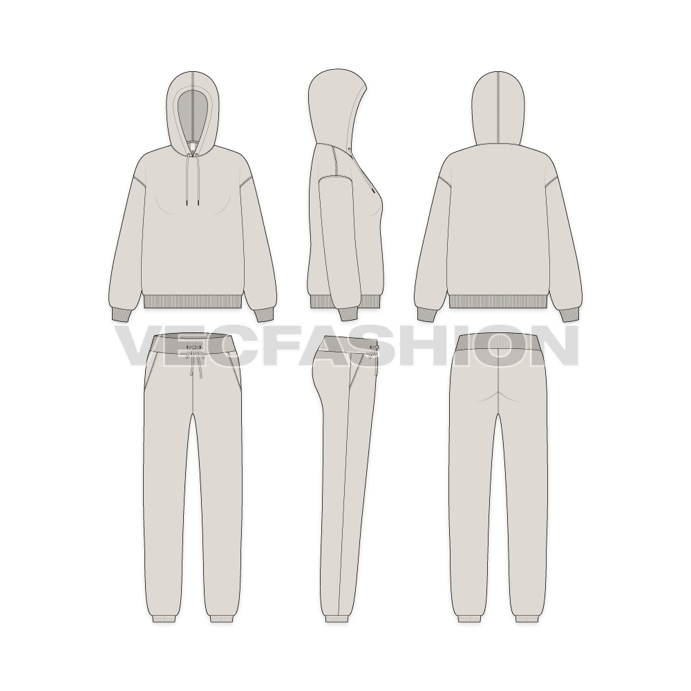 Womens oversized hoodie sweatsuit flat sketch, showing all views, front, side and back