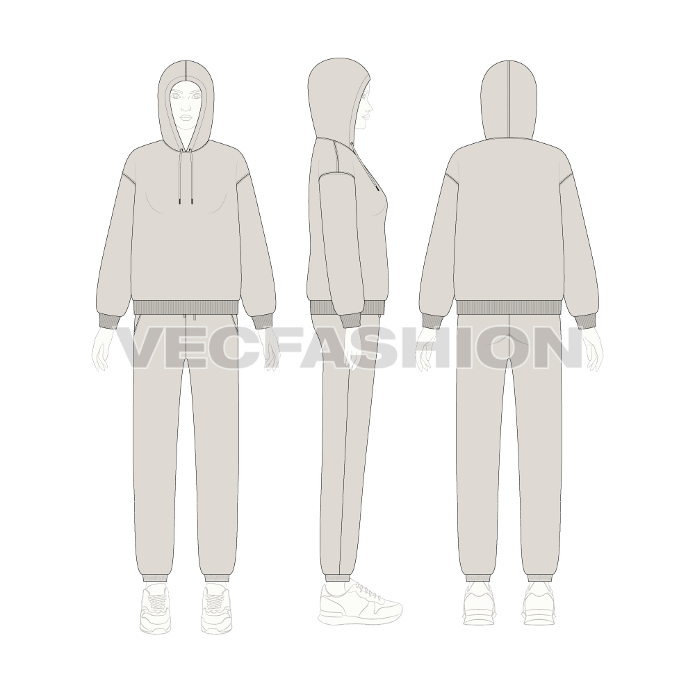 Womens oversized hoodie sweatsuit flat sketch, on croqui