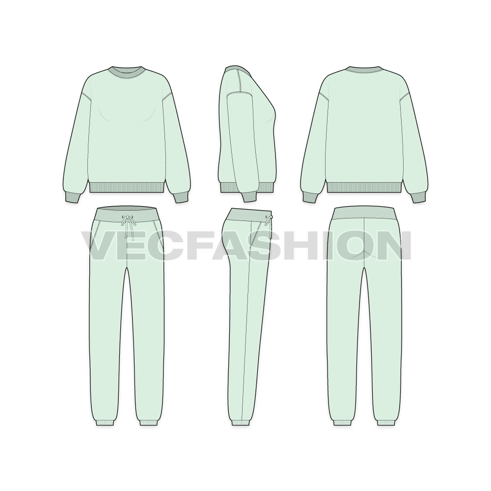 Womens oversized sweatsuit flat sketch, showing all views, front, side and back