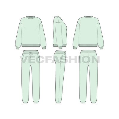 Womens oversized sweatsuit flat sketch, showing all views, front, side and back