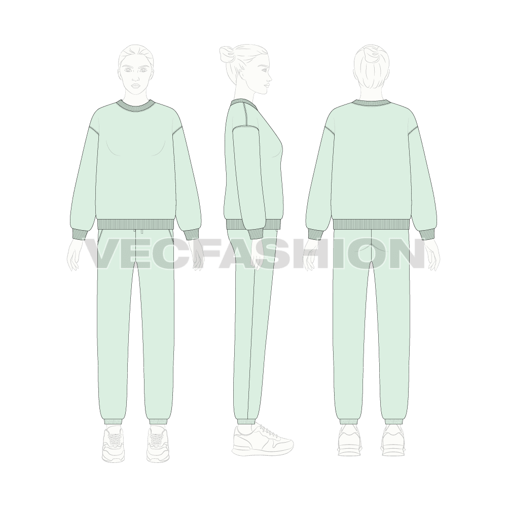 Womens oversized sweatsuit flat sketch, on croqui