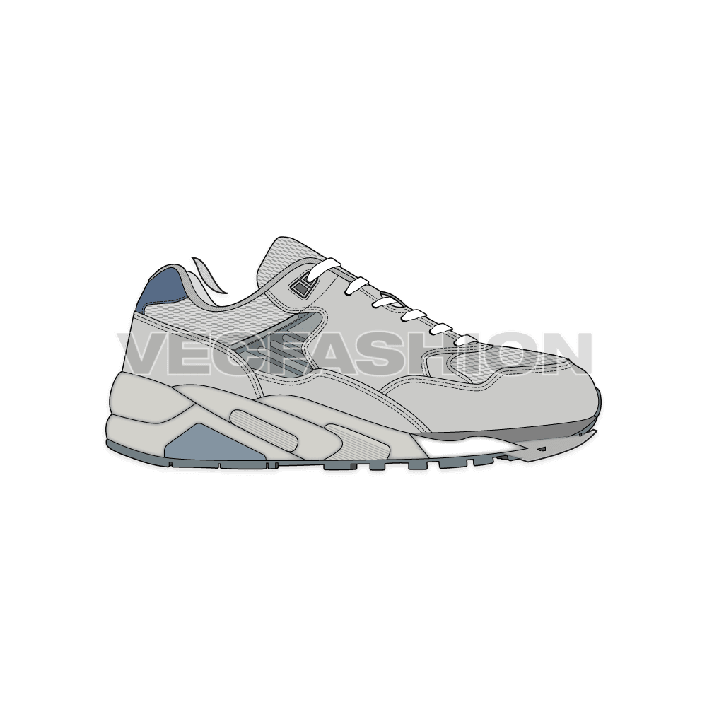 Womens running sneakers, light gray flat sketch, view 1