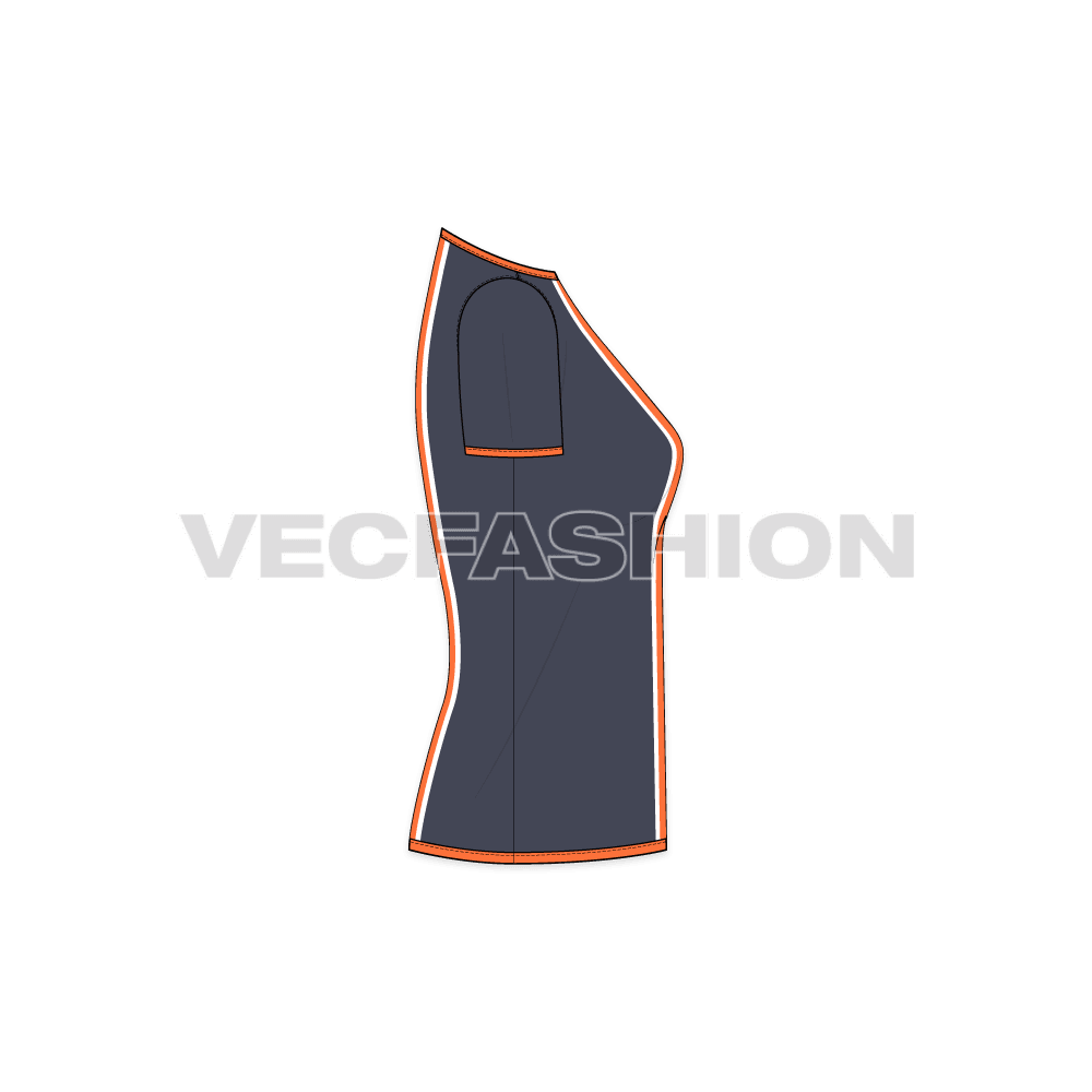 Womens sports tee flat sketch, side view