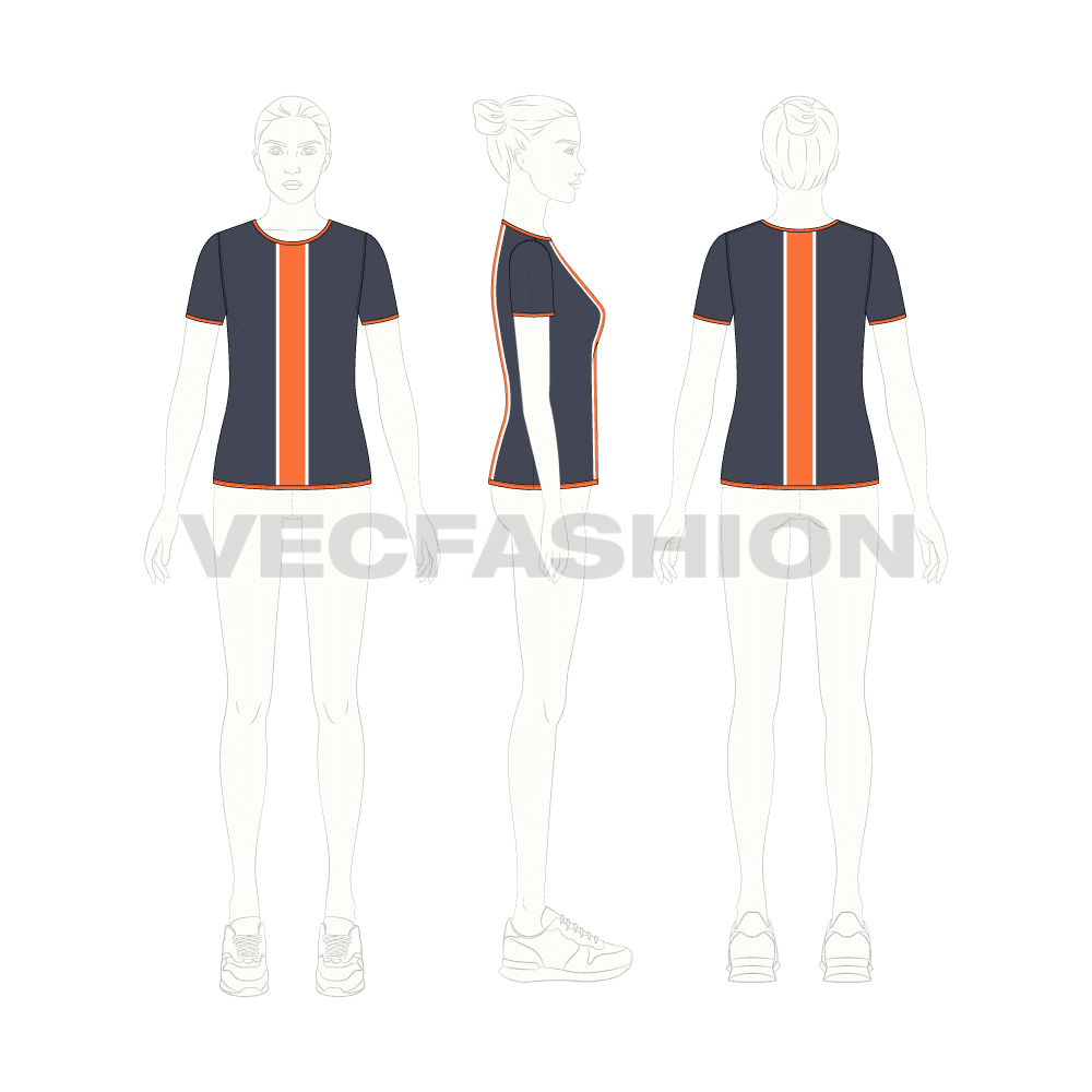 Womens sports tee flat sketch, croqui sketch