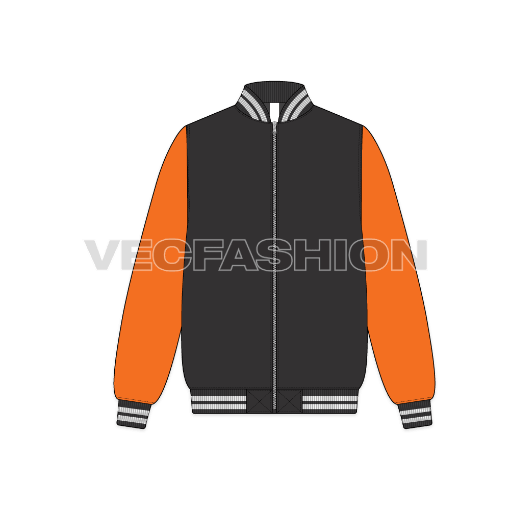Varsity Style Bomber Jacket flat sketch, front view