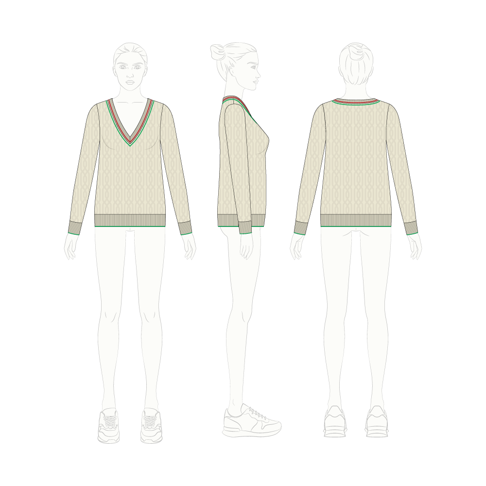 Womens cricket sweater flat sketch, croqui sketch