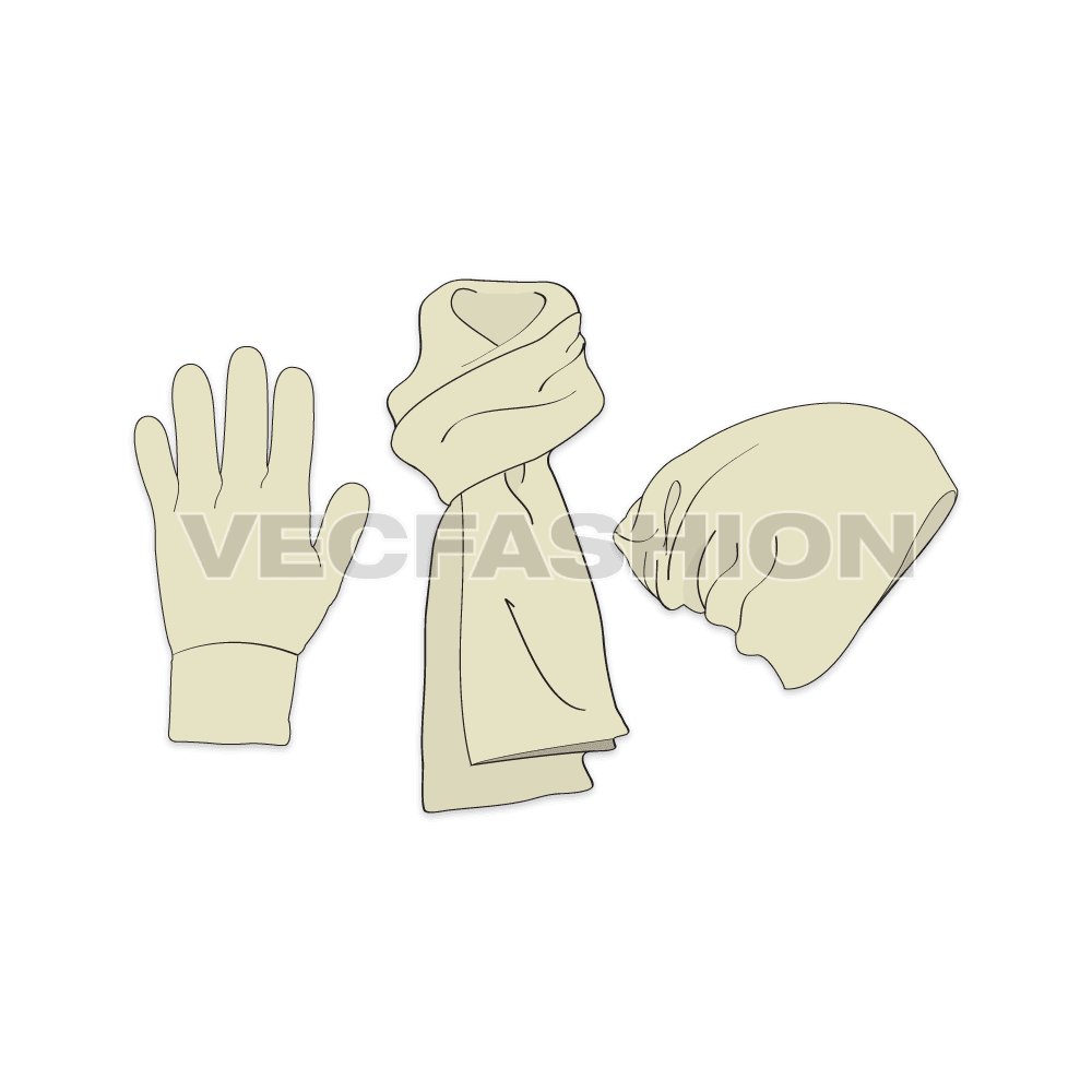 A clean Vector Template Set of Winter Essential Products in cream color. This Fashion Template Set have a Hand Gloves, A Scarf and a Beanie.