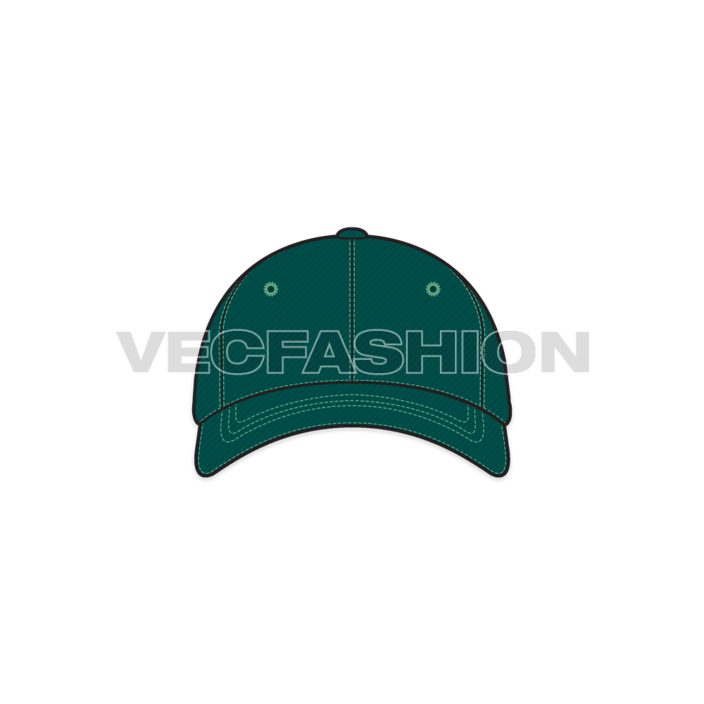 A Green Color Basic Baseball Cap Vector Template with a plastic enclosure and adjustable trim. The eyelets are added for air to pass through to make the cap more breathable which is good during hot summers.