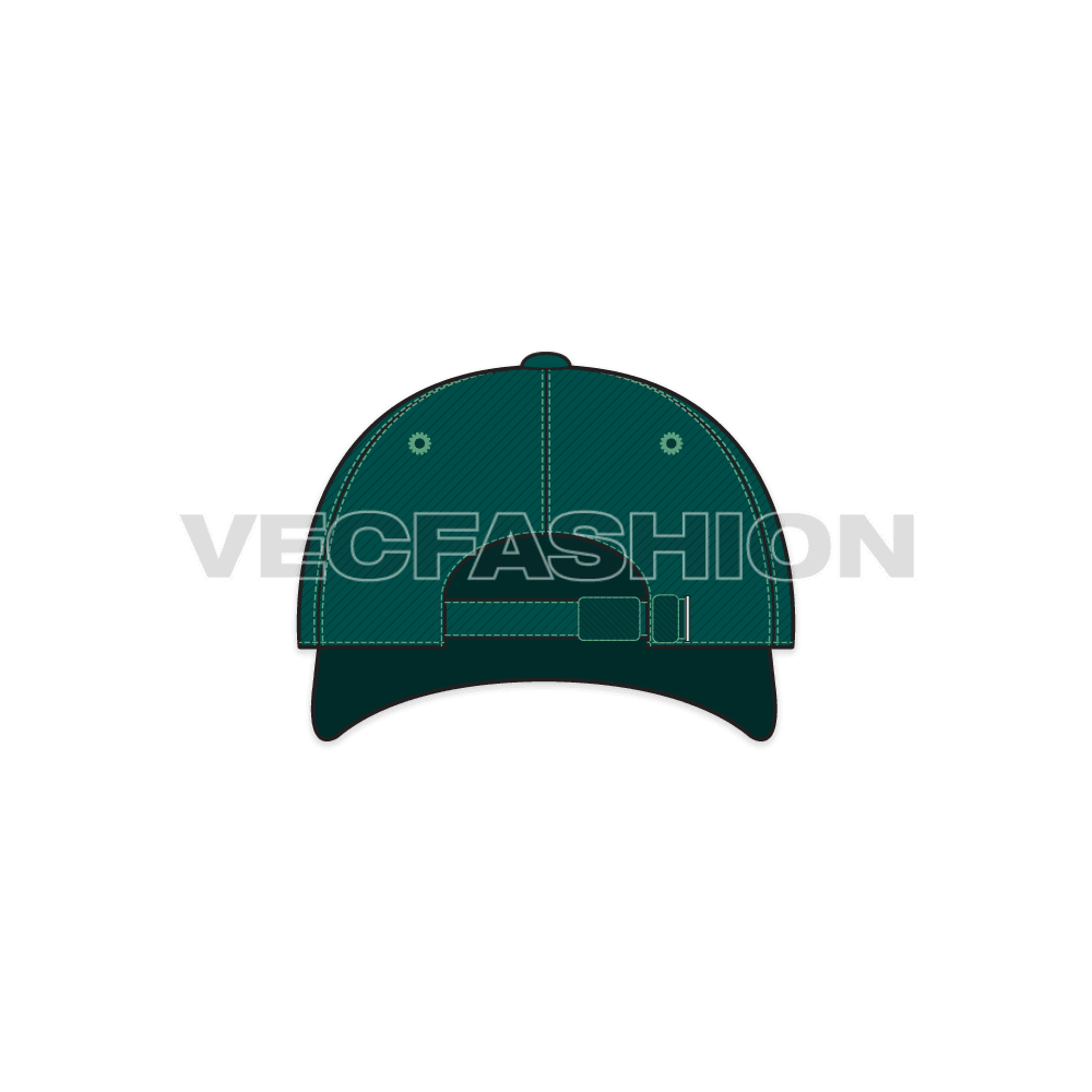 A Green Color Basic Baseball Cap Vector Template with a plastic enclosure and adjustable trim. The eyelets are added for air to pass through to make the cap more breathable which is good during hot summers.