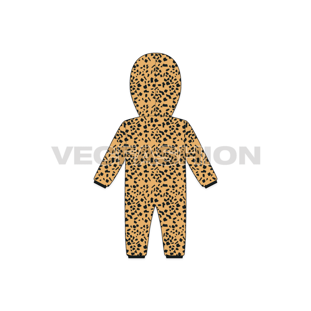 Baby boy hoodie romper flat sketch, back view