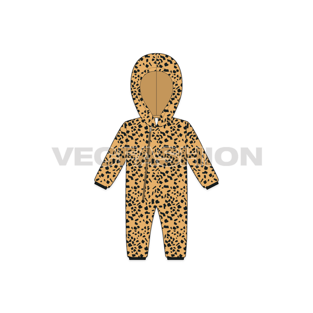 Baby boy hoodie romper flat sketch, front view