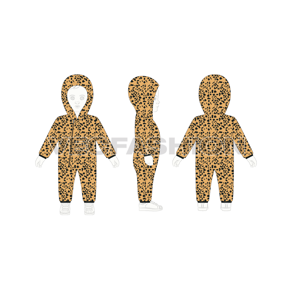 Baby boy hoodie romper flat sketch, croqui sketch