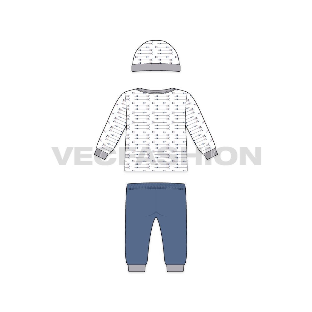 Baby boy pant shirt set, patterned with hat flat sketch, back view