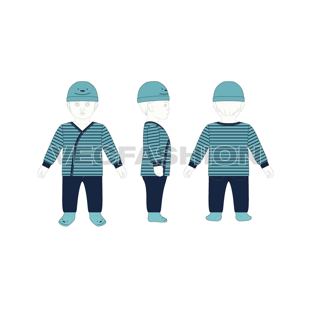 Baby boy pant shirt set, asymmetrical striped flat sketch, croqui sketch