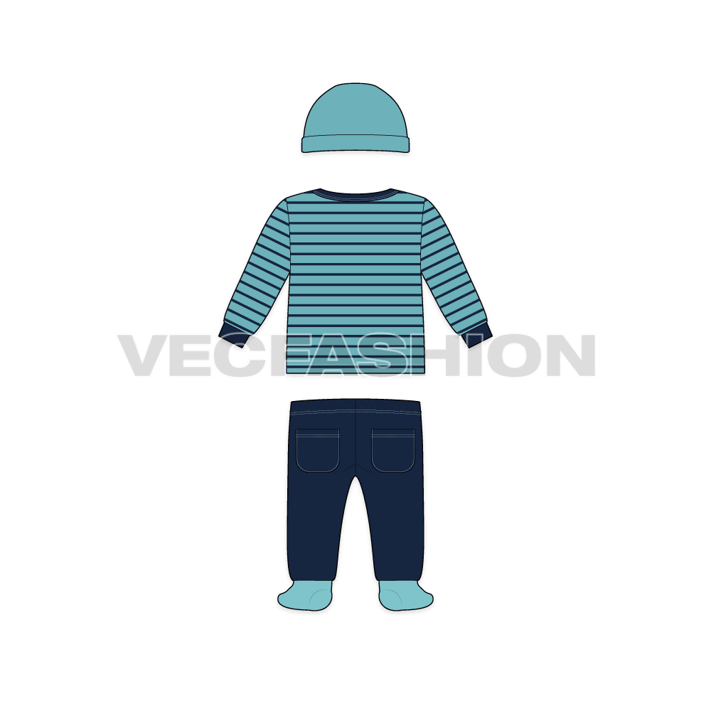 Baby boy pant shirt set, asymmetrical striped flat sketch, back view