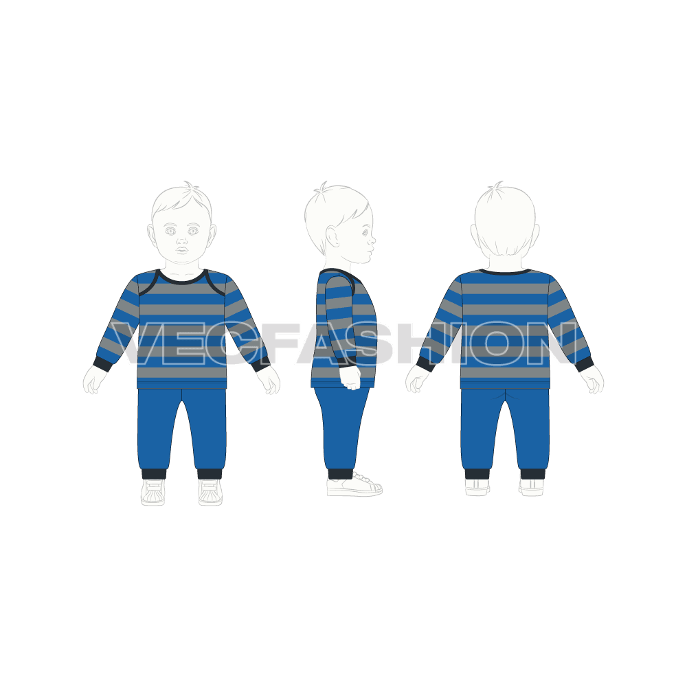 Baby boy pant shirt set, striped flat sketch, croqui sketch