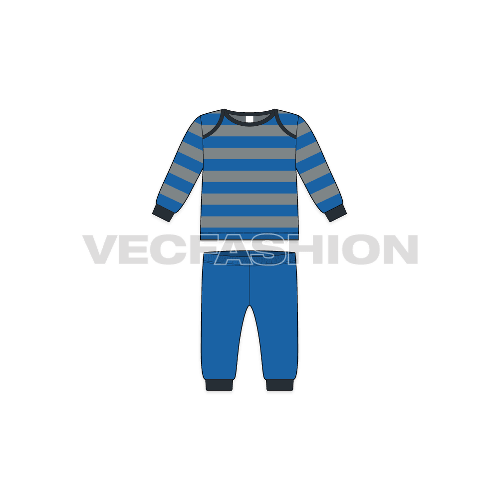 Baby boy pant shirt set, striped flat sketch, front view