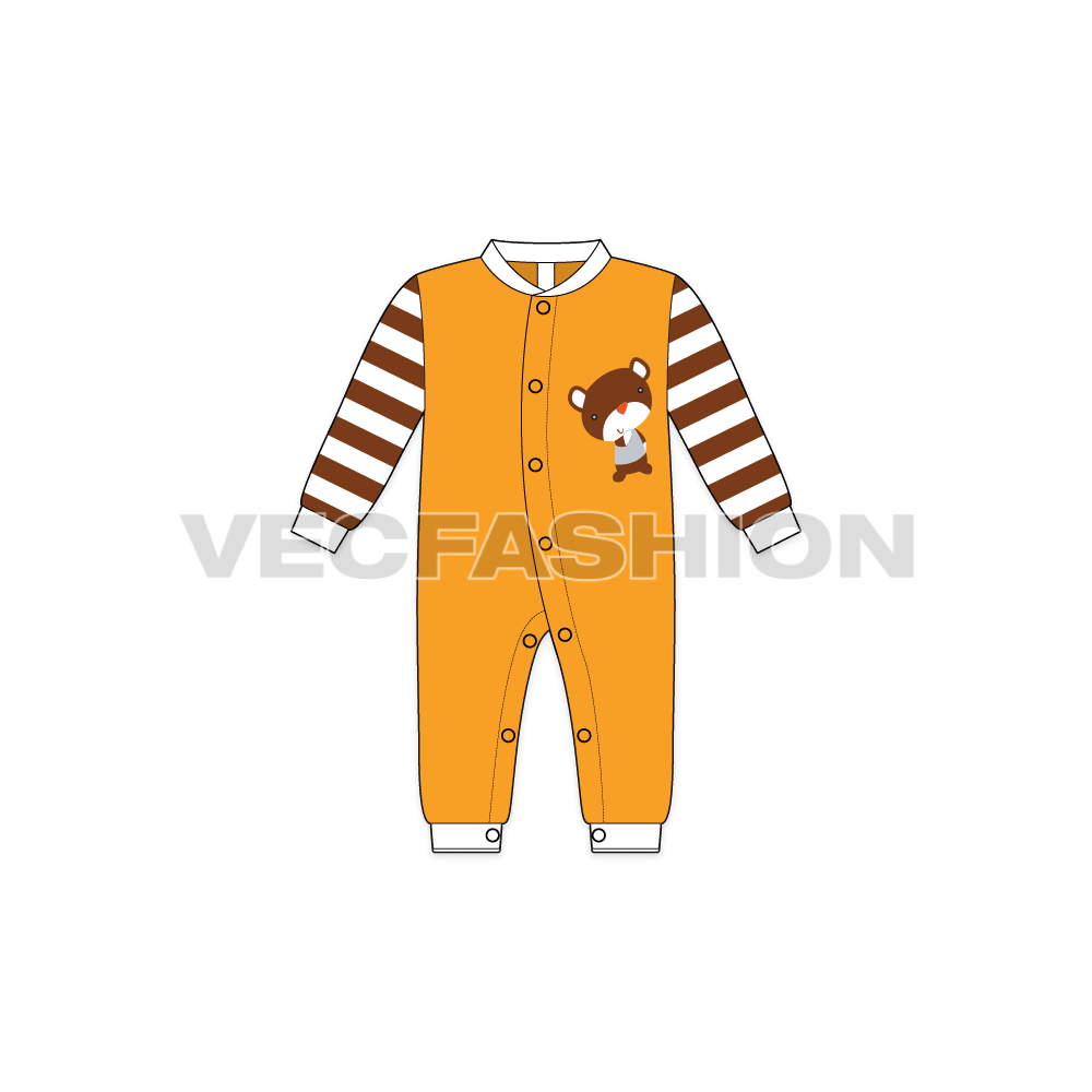 Baby boy romper, striped sleeve flat sketch, front view