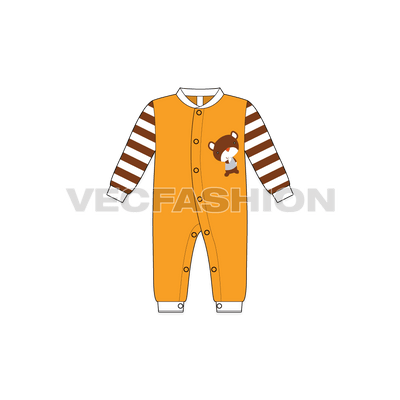 Baby boy romper, striped sleeve flat sketch, front view