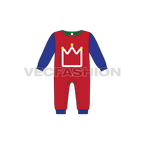 Baby boy romper, crown graphic flat sketch, front view