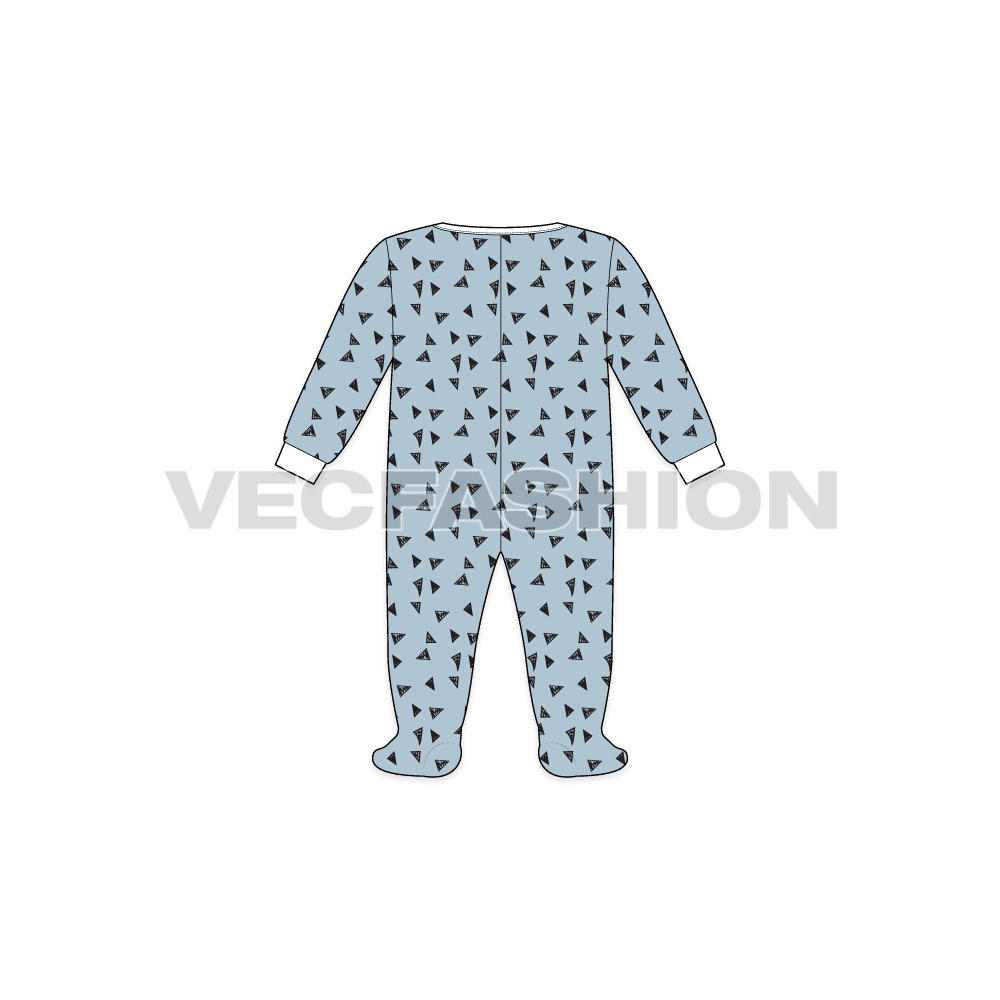 Baby boy romper, running print flat sketch, back view