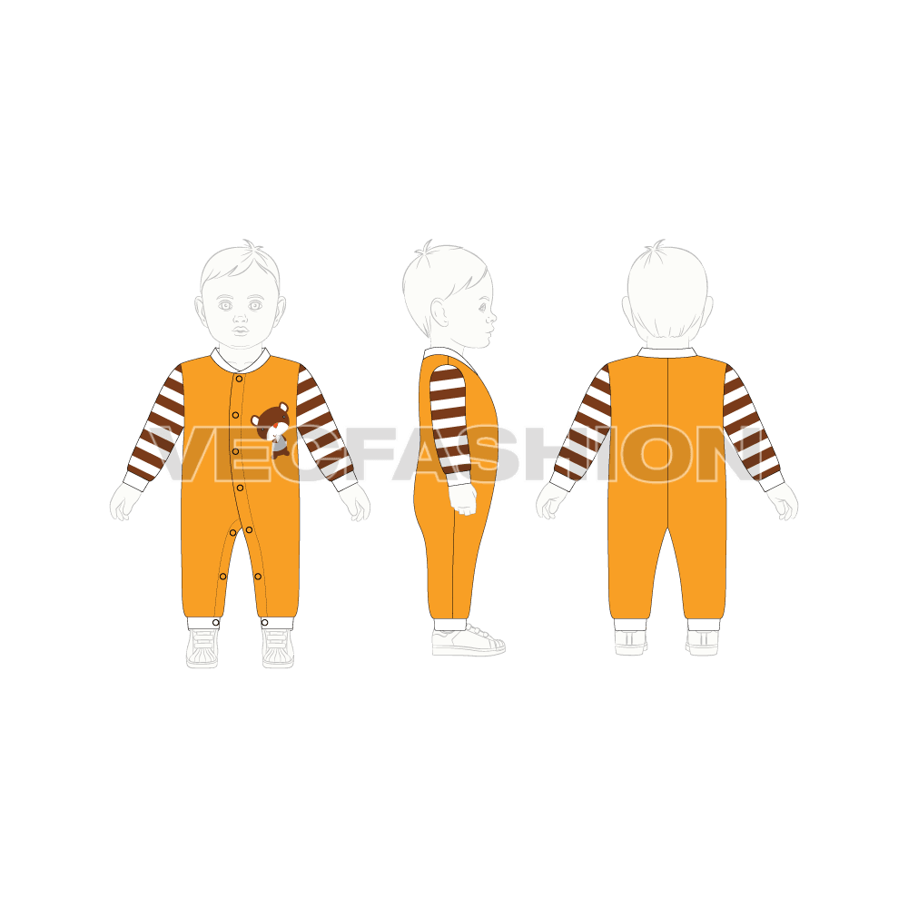 Baby boy romper, striped sleeve flat sketch, croqui sketch