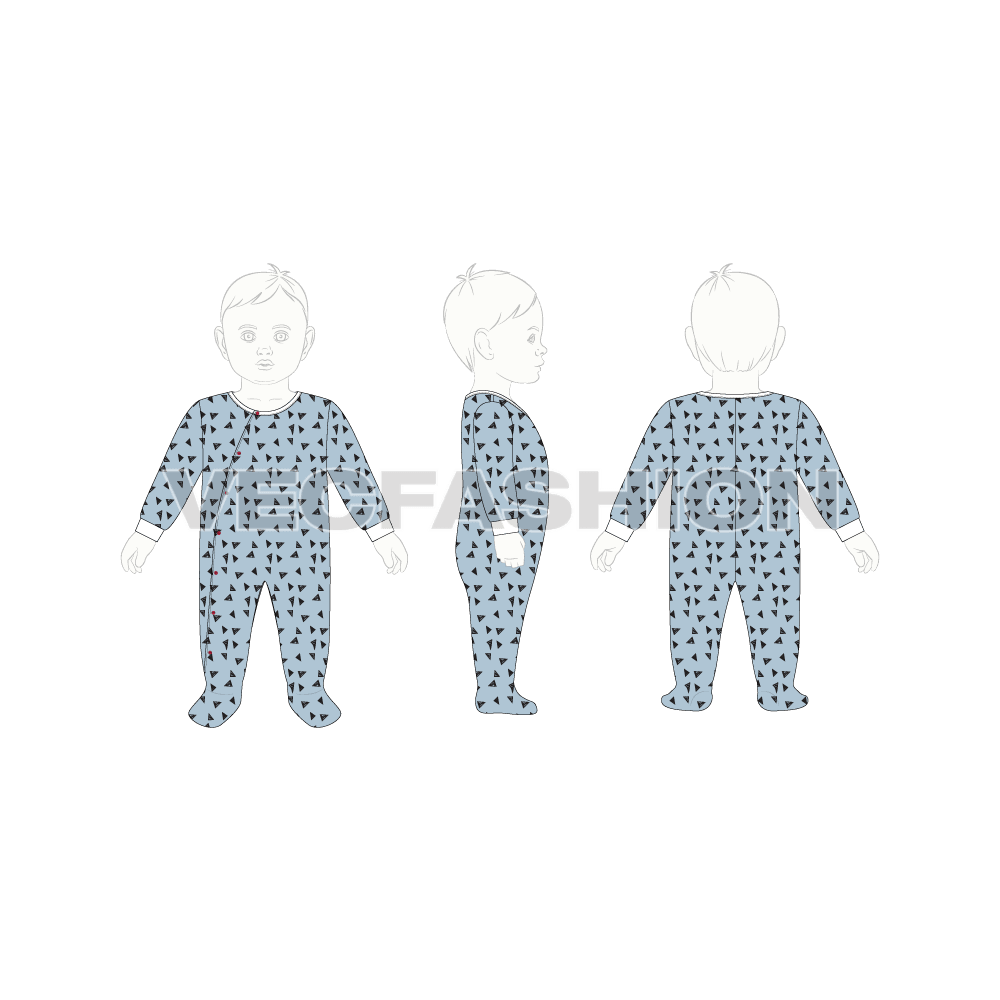 Baby boy romper, running print flat sketch, croqui sketch