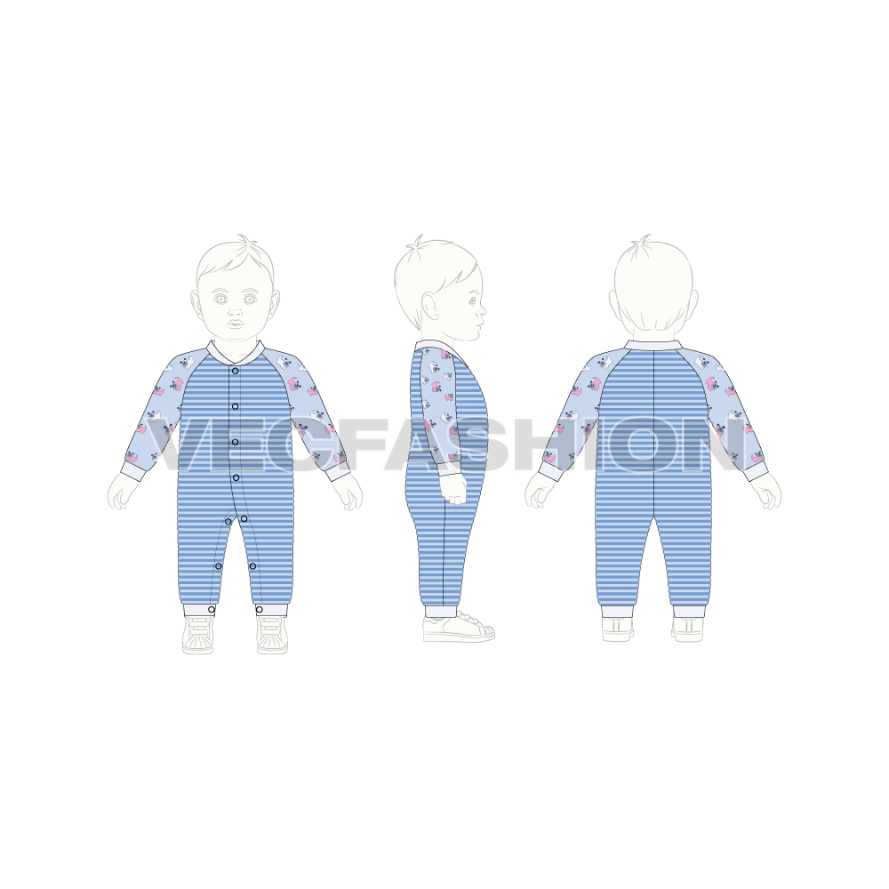 Baby boy romper, striped body flat sketch, back view