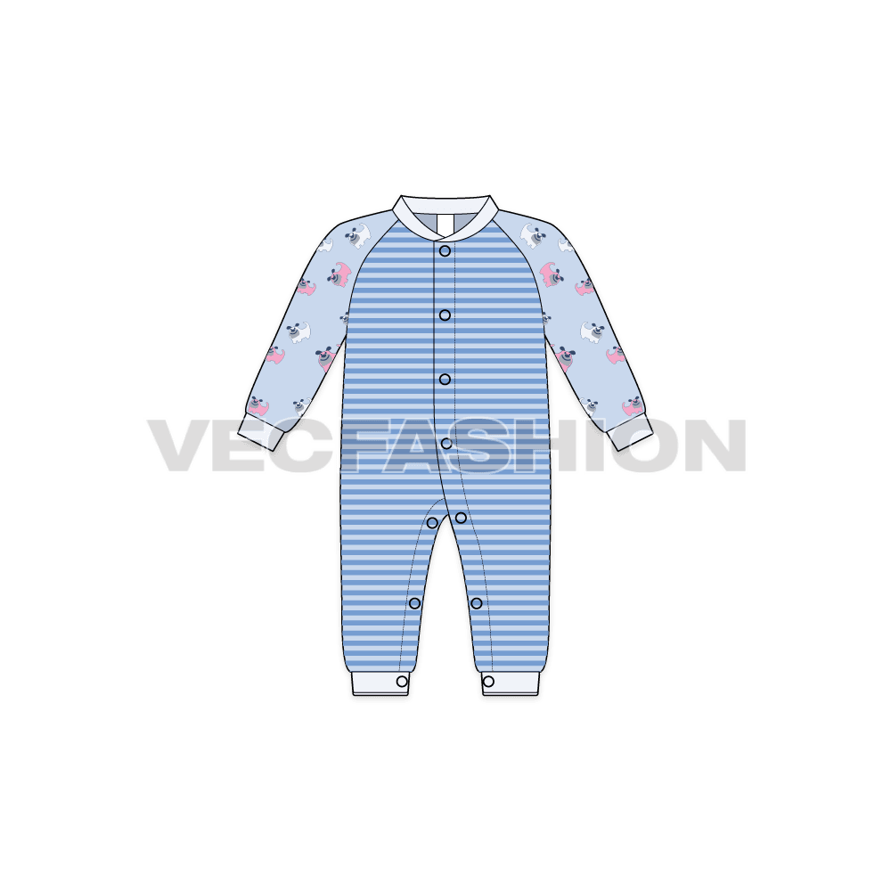 Baby boy romper, striped body flat sketch, croqui sketch