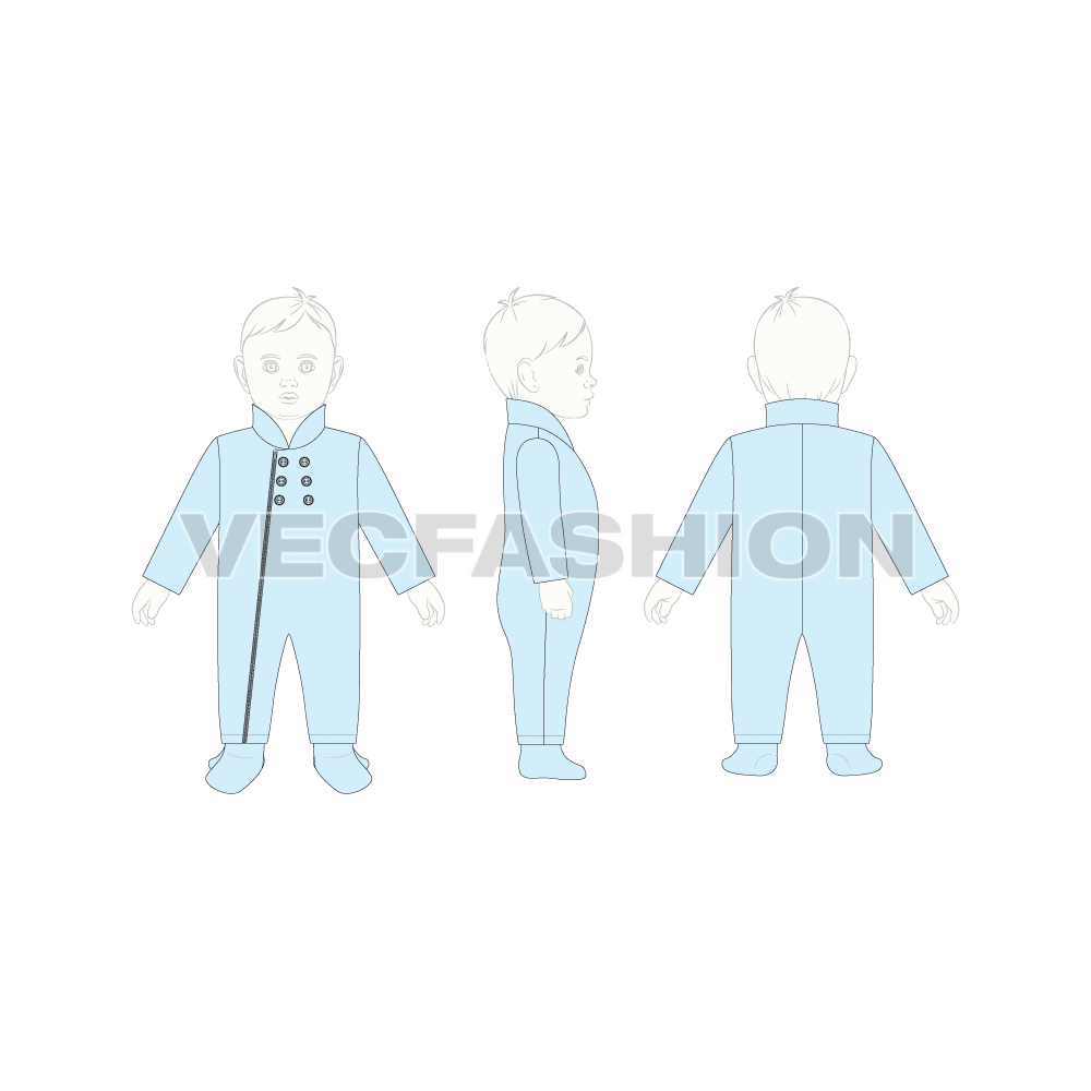Baby boy romper, asymmetrical front flat sketch, croqui sketch