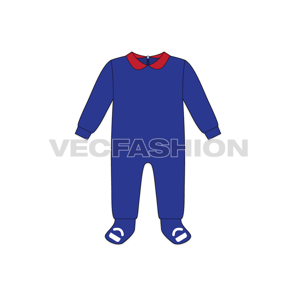 Baby boy romper, soft collar flat sketch, front view