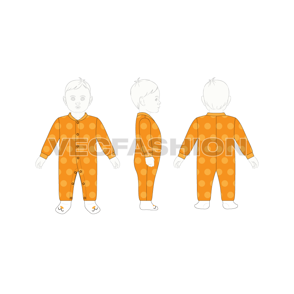 Baby boy romper, polka dot flat sketch, croqui sketch