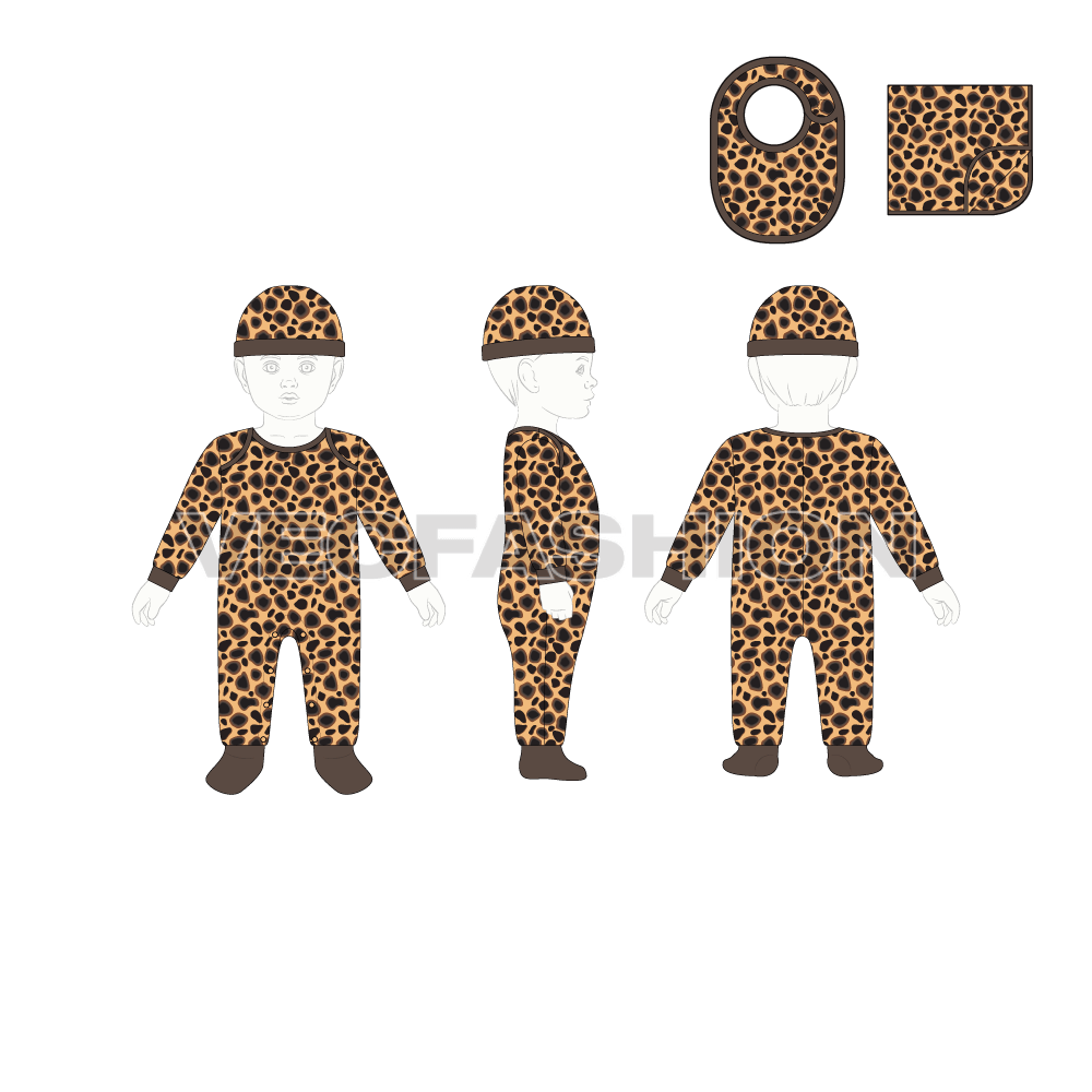 Baby boy set, cheetah print flat sketch, croqui sketch