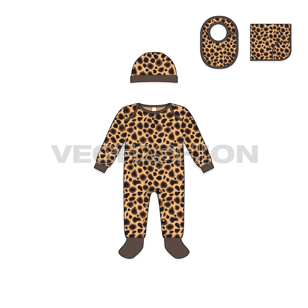 Baby boy set, cheetah print flat sketch, front view