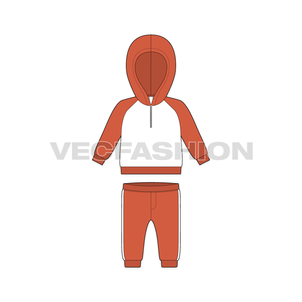 Baby boy sweatsuit, contrast hoodie flat sketch, front view
