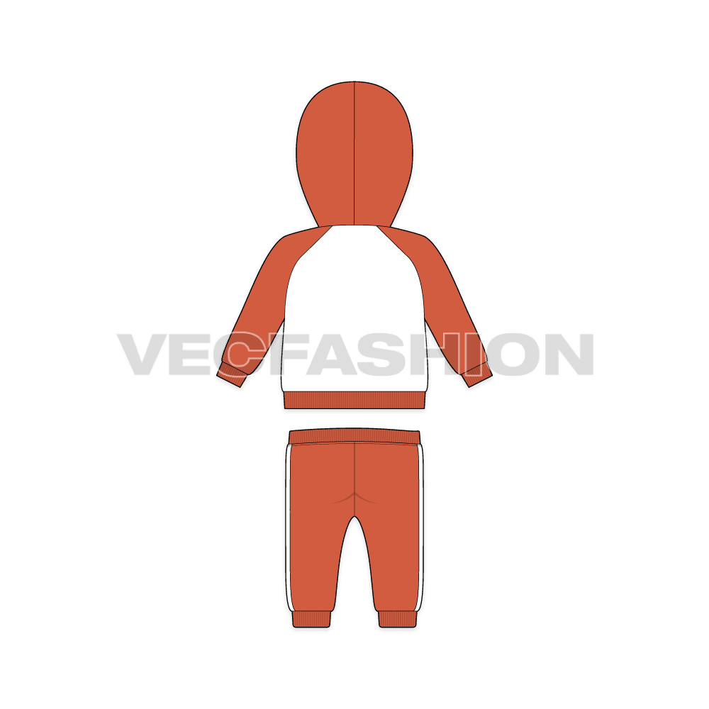 Baby boy sweatsuit, contrast hoodie flat sketch, back view