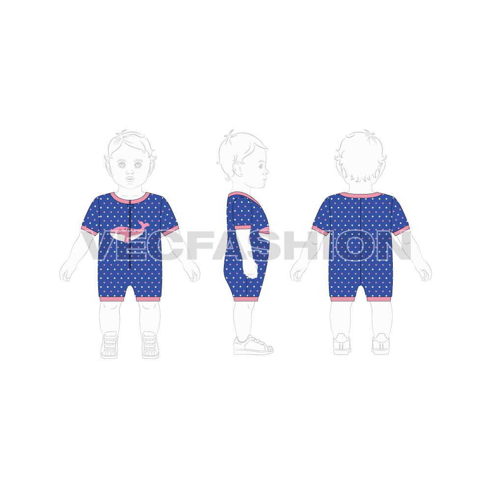 Baby girl fishy sleep suit flat sketch, croqui sketch
