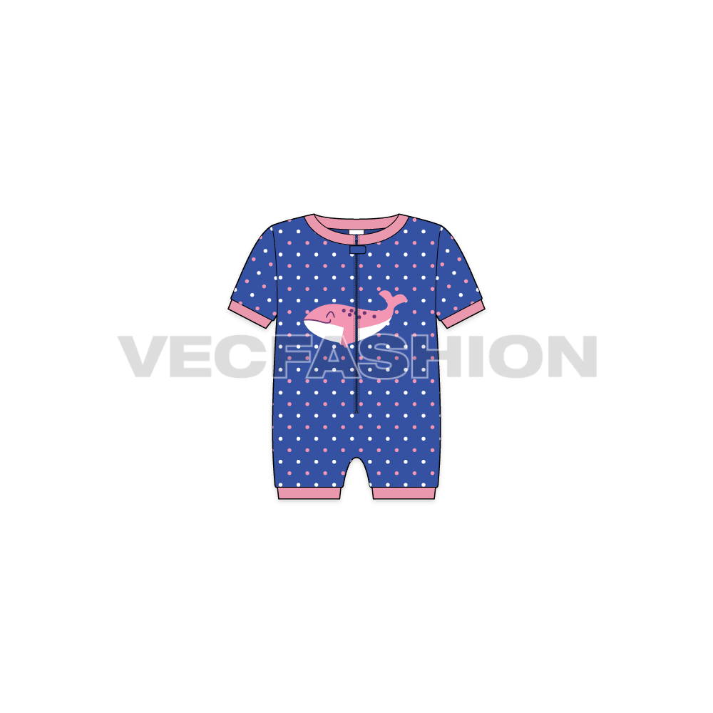 Baby girl fishy sleep suit flat sketch, front view