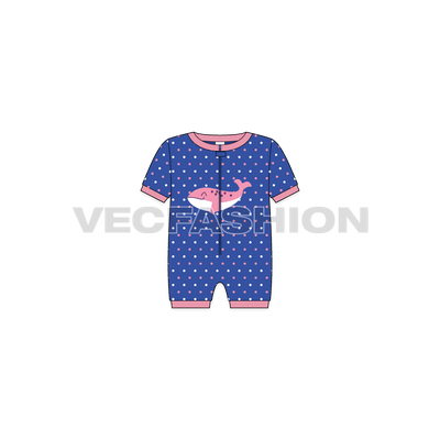 Baby girl fishy sleep suit flat sketch, front view