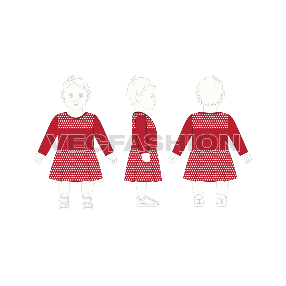 Baby girl frock, polka dot flat sketch, croqui sketch