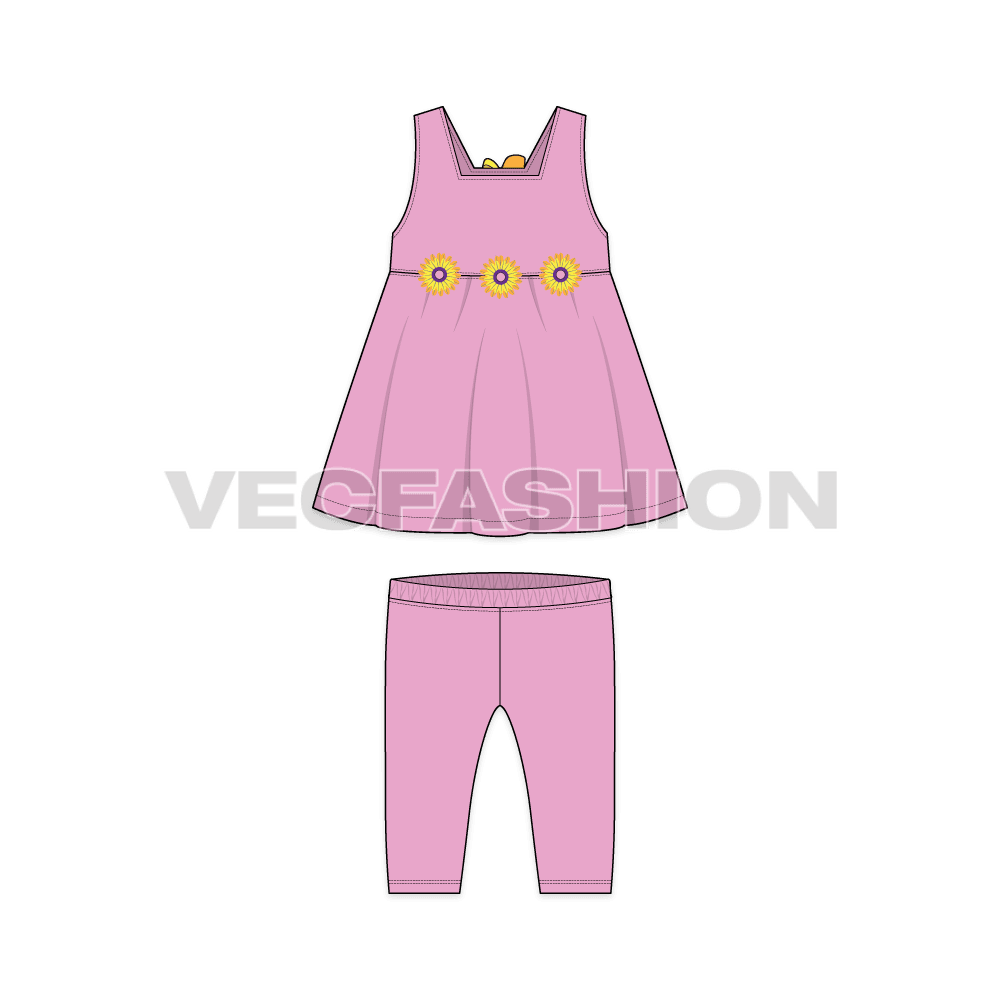 Baby girl frock set, floral flared flat sketch, front view