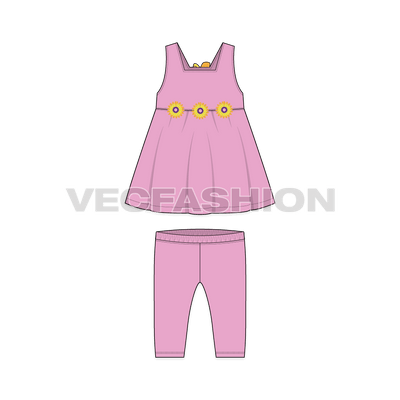 Baby girl frock set, floral flared flat sketch, front view
