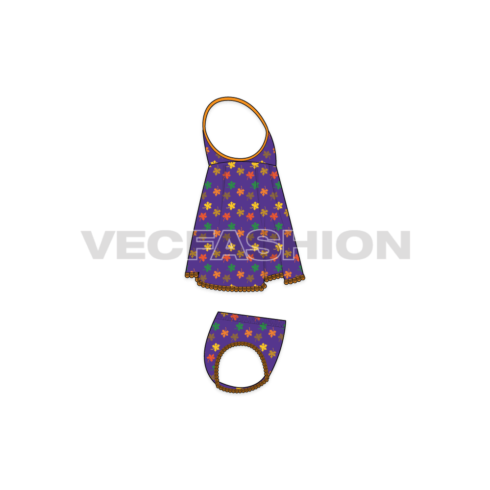 Baby girl frock set, running print flat sketch, side view