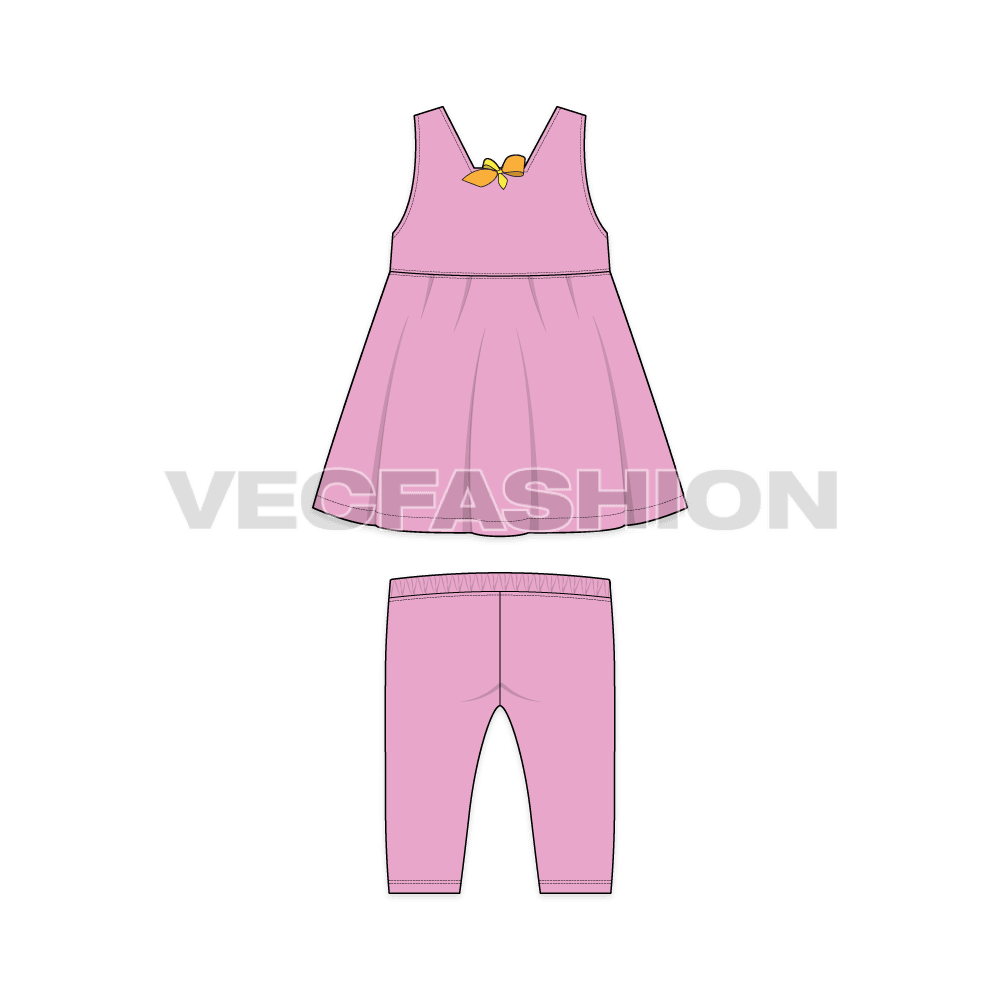 Baby girl frock set, floral flared flat sketch, back view