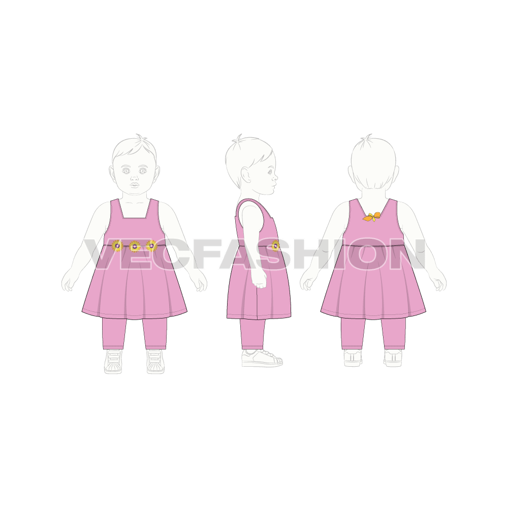 Baby girl frock set, floral flared flat sketch, croqui sketch