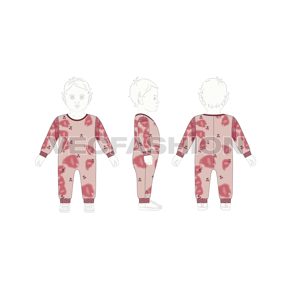 Baby girl jumpsuit, cherry print flat sketch, croqui sketch