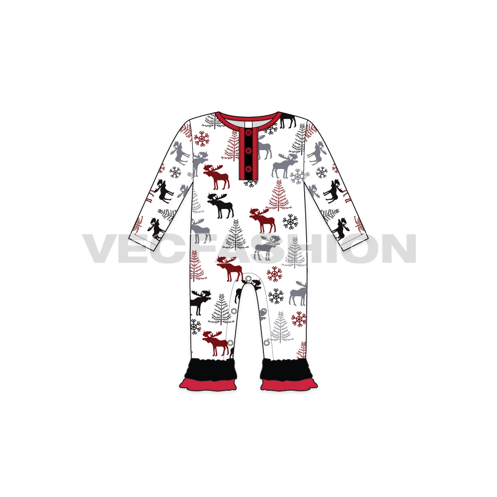 Baby girl jumpsuit, henley neck flat sketch, front view