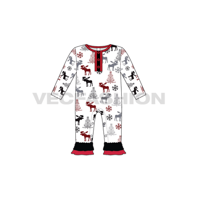 Baby girl jumpsuit, henley neck flat sketch, front view