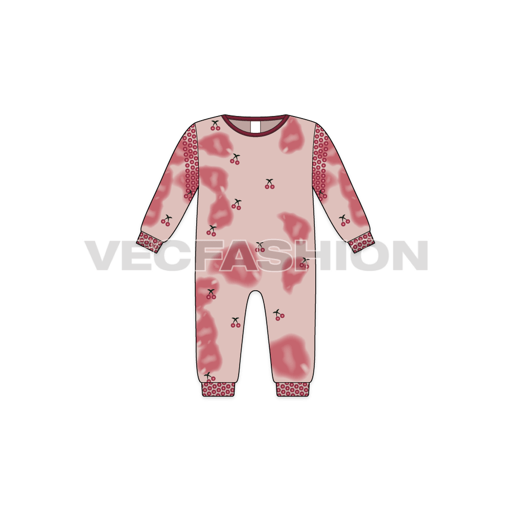 Baby girl jumpsuit, cherry print flat sketch, front view
