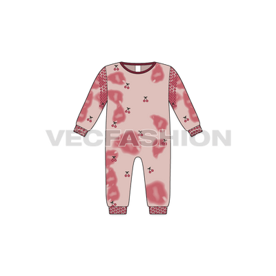 Baby girl jumpsuit, cherry print flat sketch, front view